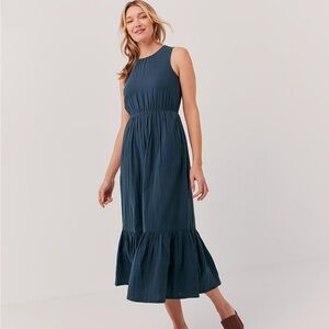 Pact Dress French Navy Blue Coastal Gauze Tiered Midi XL Cutout Organic Cotton